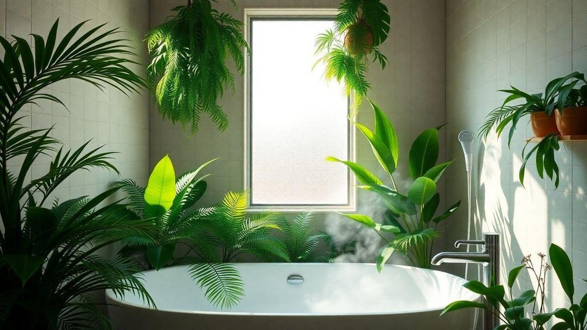 I place tropical plants that thrive in bathrooms to use real steam, not drama